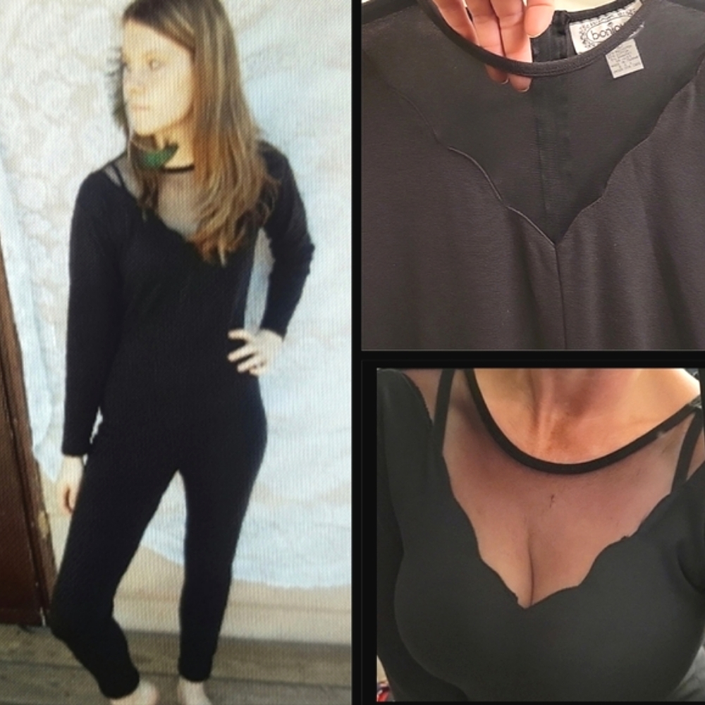 Vtg 90s Bonjour blk scallop mesh neckline long sleeve jumpsuit bodysuit L NWOT